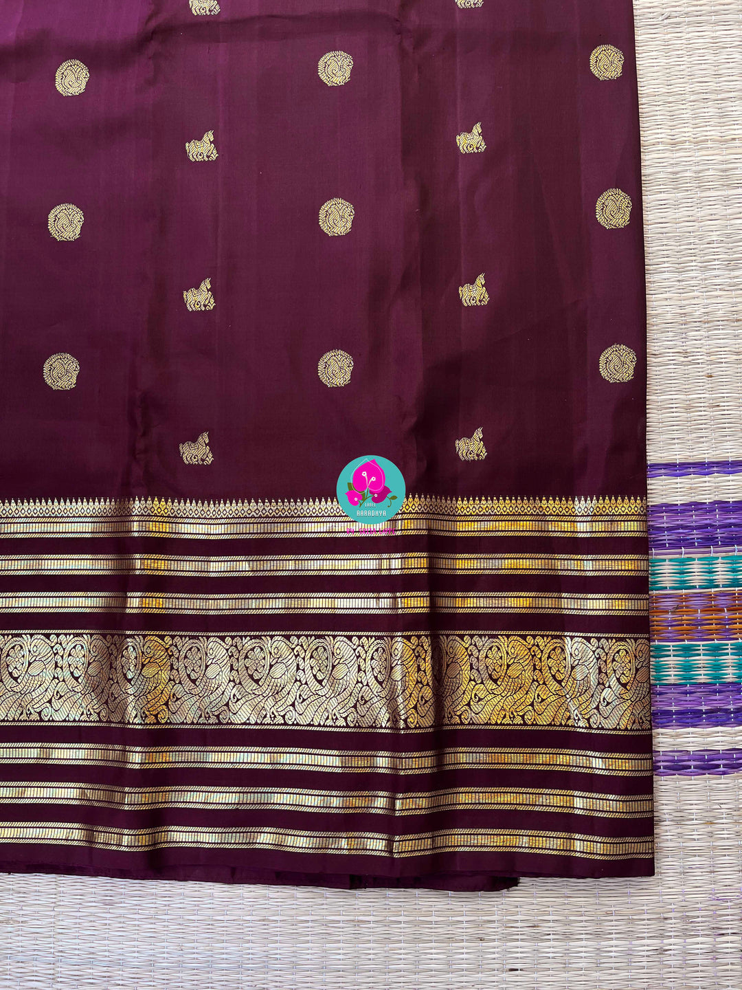 Kanchipuram 2g zari brown vintage saree in big border paired with hand embroidered blouse