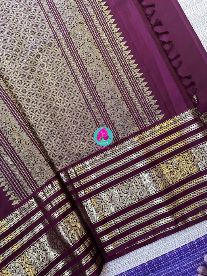 Kanchipuram 2g zari brown vintage saree in big border paired with hand embroidered blouse