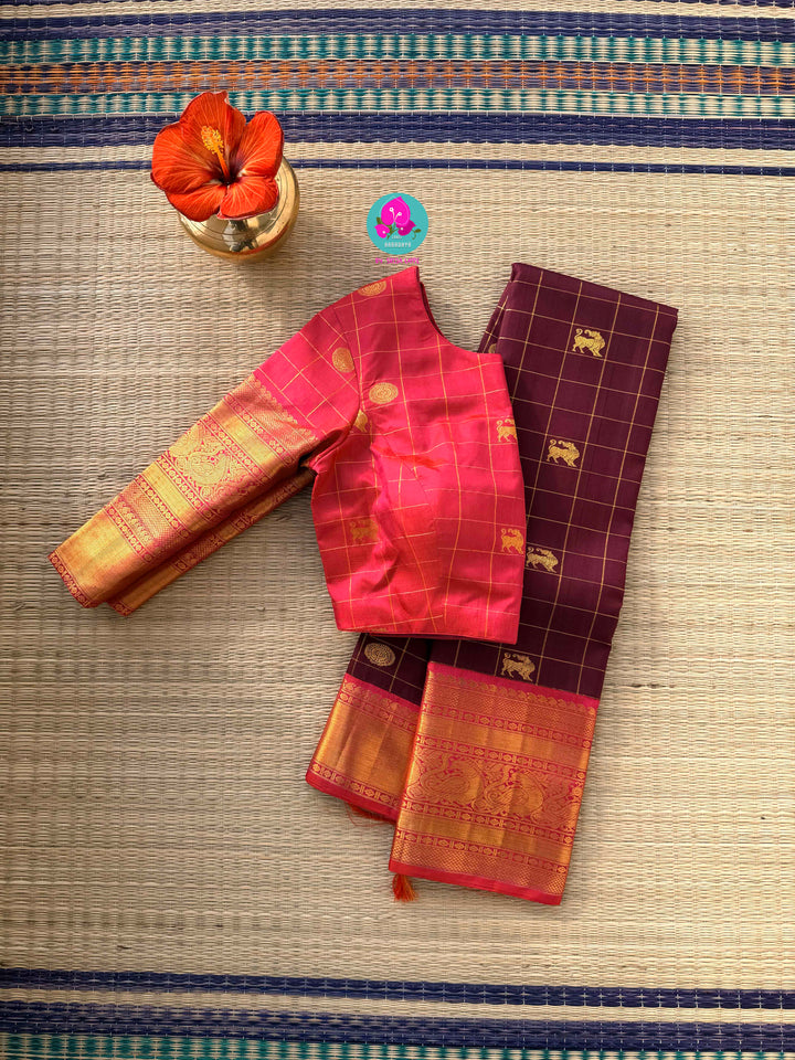 2G Zari Pure Kanchipuram saree in vintage vaira oosi checks paired with Full sleeve blouse