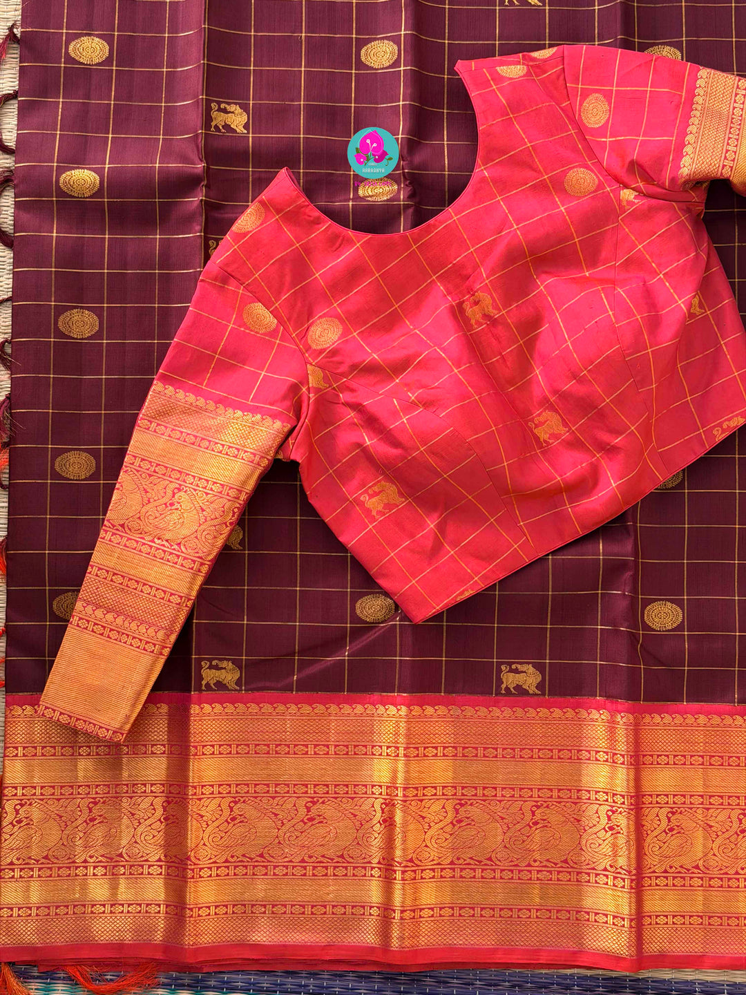 2G Zari Pure Kanchipuram saree in vintage vaira oosi checks paired with Full sleeve blouse