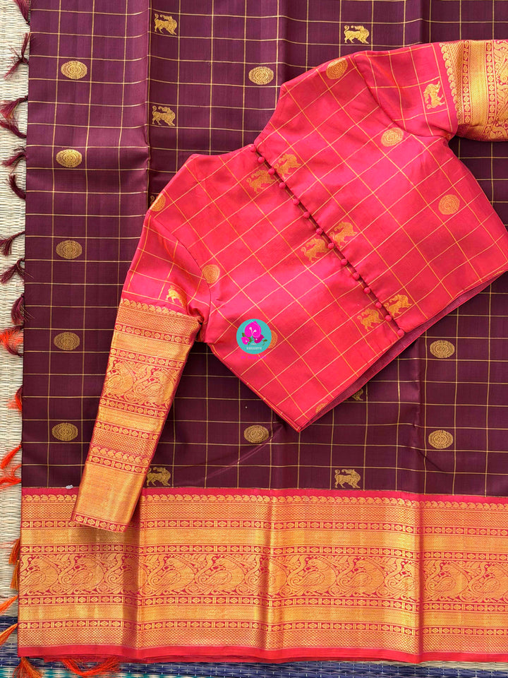 2G Zari Pure Kanchipuram saree in vintage vaira oosi checks paired with Full sleeve blouse