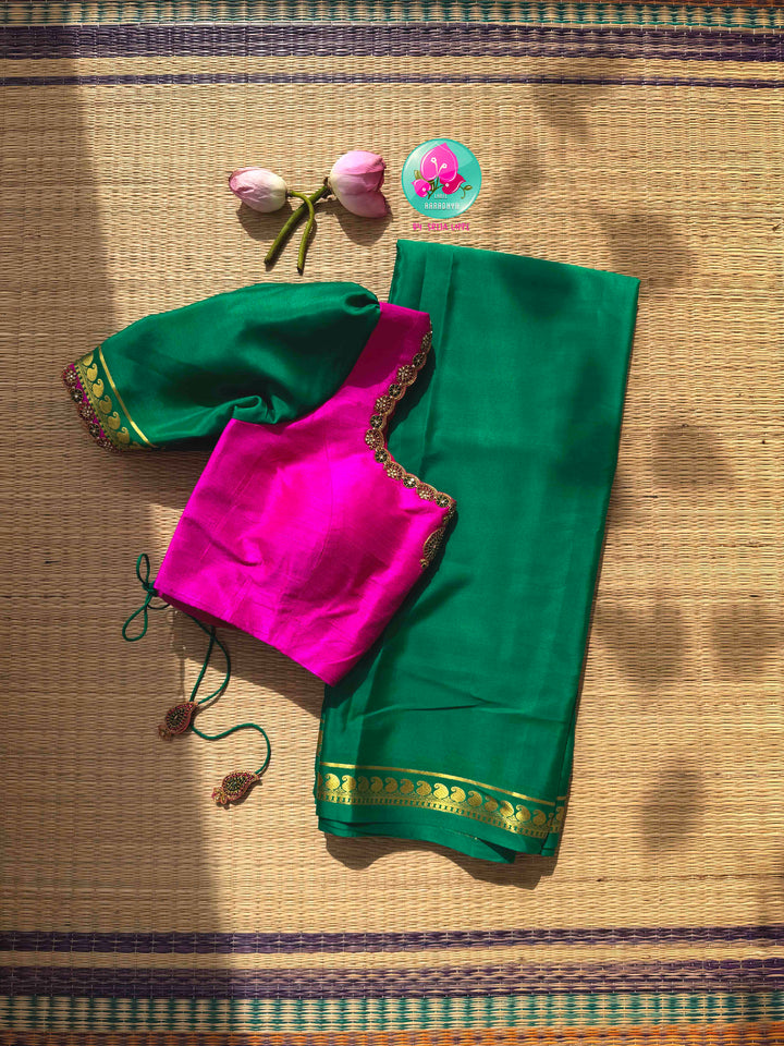 Verdant Opulence: Jewel Emerald Green 120gsm Pure Mysore Silk & Pink Fusion Kundan Blouse