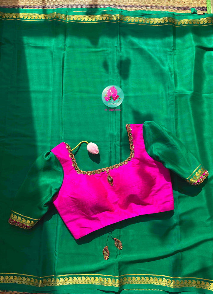 Verdant Opulence: Jewel Emerald Green 120gsm Pure Mysore Silk & Pink Fusion Kundan Blouse