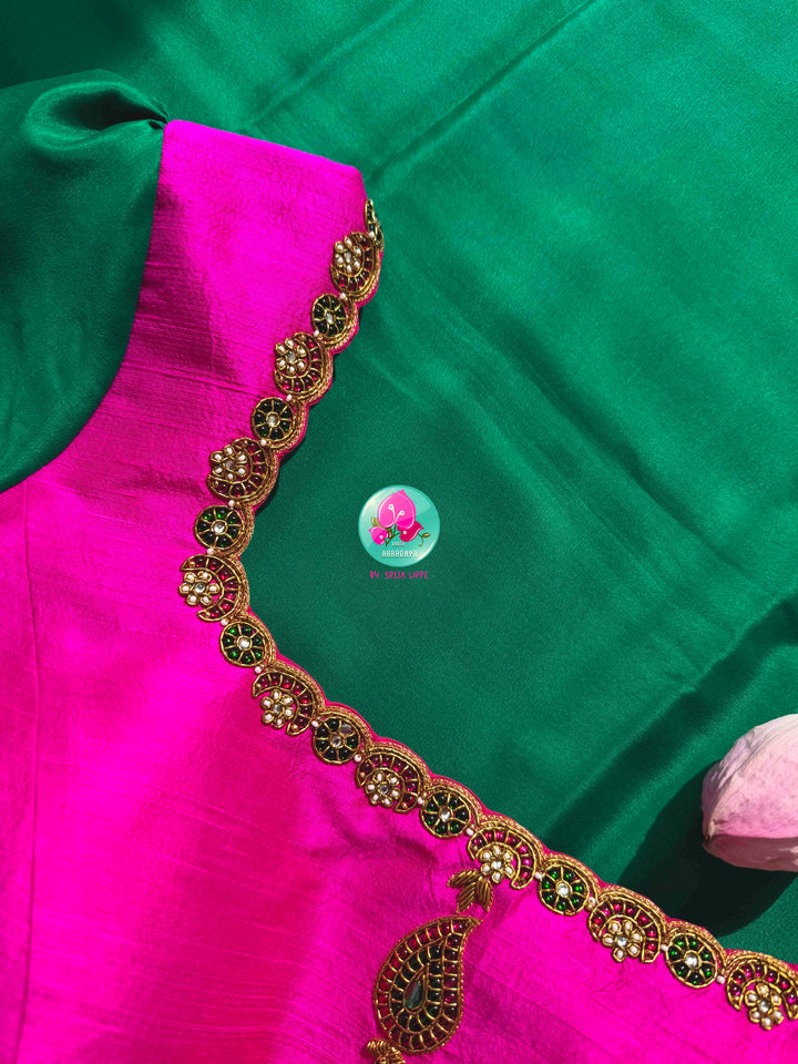 Verdant Opulence: Jewel Emerald Green 120gsm Pure Mysore Silk & Pink Fusion Kundan Blouse