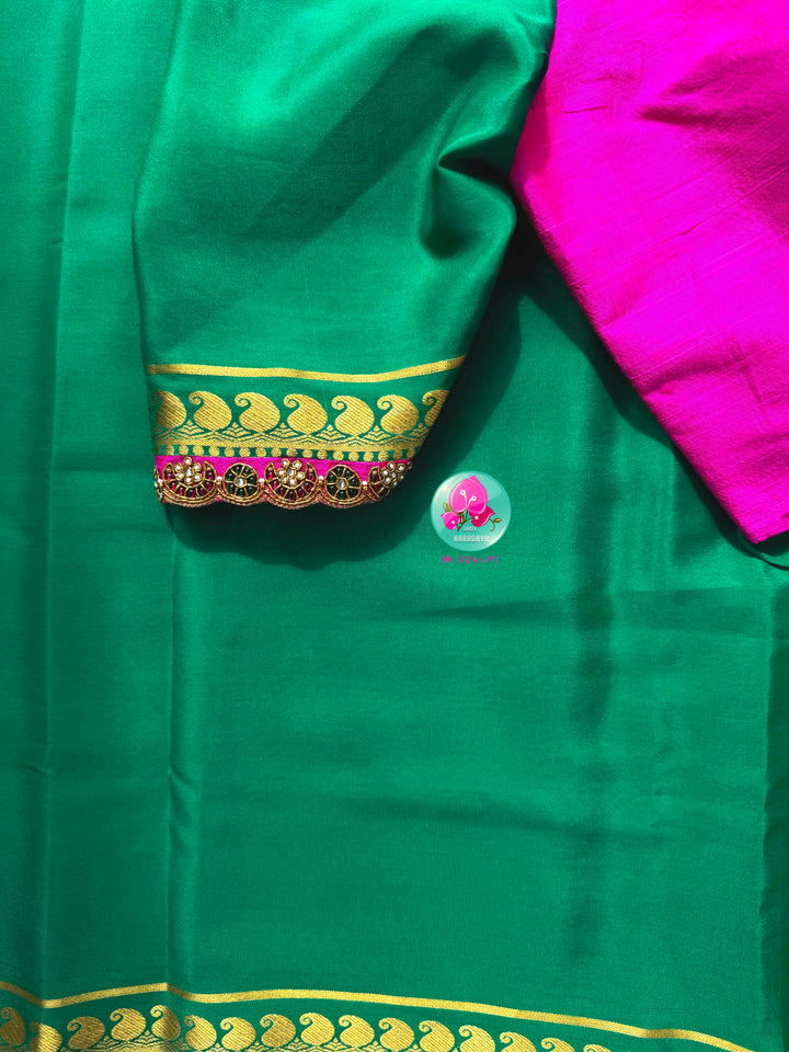 Verdant Opulence: Jewel Emerald Green 120gsm Pure Mysore Silk & Pink Fusion Kundan Blouse
