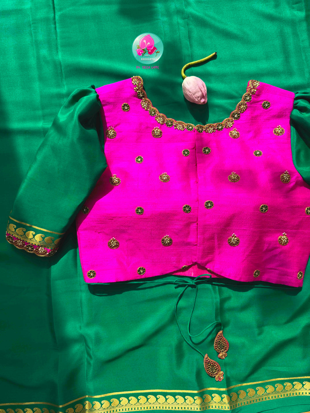 Verdant Opulence: Jewel Emerald Green 120gsm Pure Mysore Silk & Pink Fusion Kundan Blouse