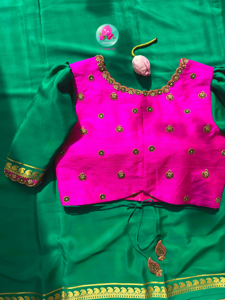 Verdant Opulence: Jewel Emerald Green 120gsm Pure Mysore Silk & Pink Fusion Kundan Blouse