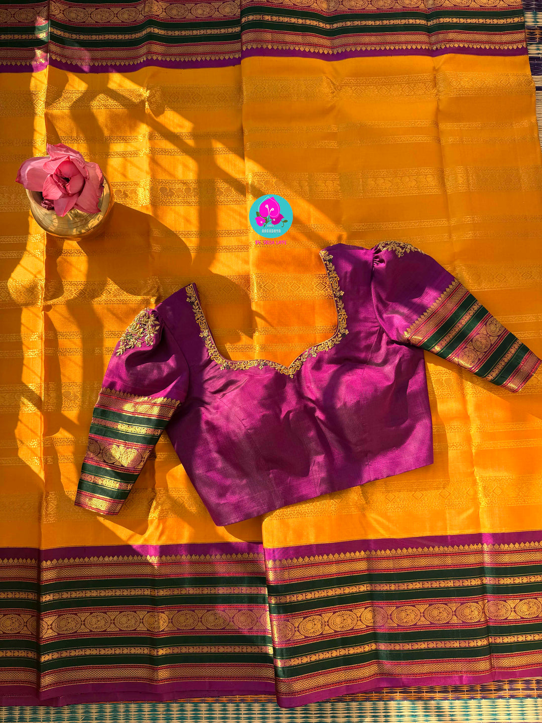The 3G Zari Grandeur: Vintage Yellow Saree with Forest Green & Purple Edge with Hand embroidered blouse