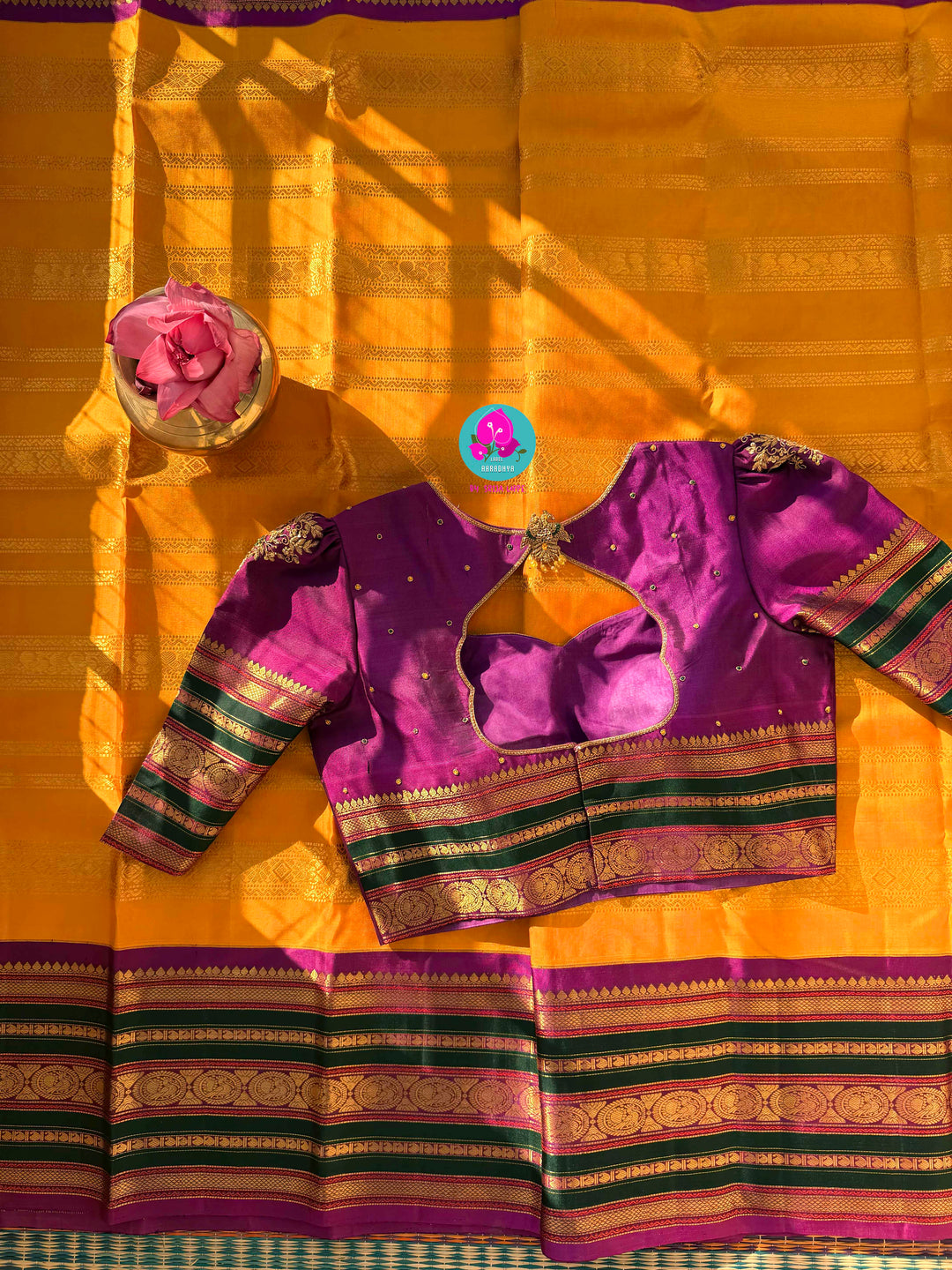 The 3G Zari Grandeur: Vintage Yellow Saree with Forest Green & Purple Edge with Hand embroidered blouse