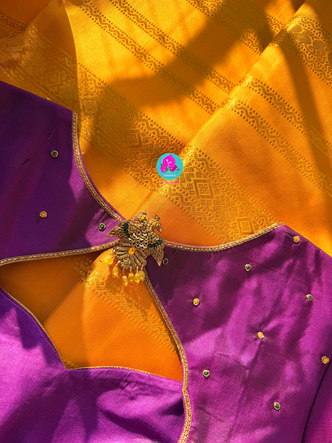 The 3G Zari Grandeur: Vintage Yellow Saree with Forest Green & Purple Edge with Hand embroidered blouse