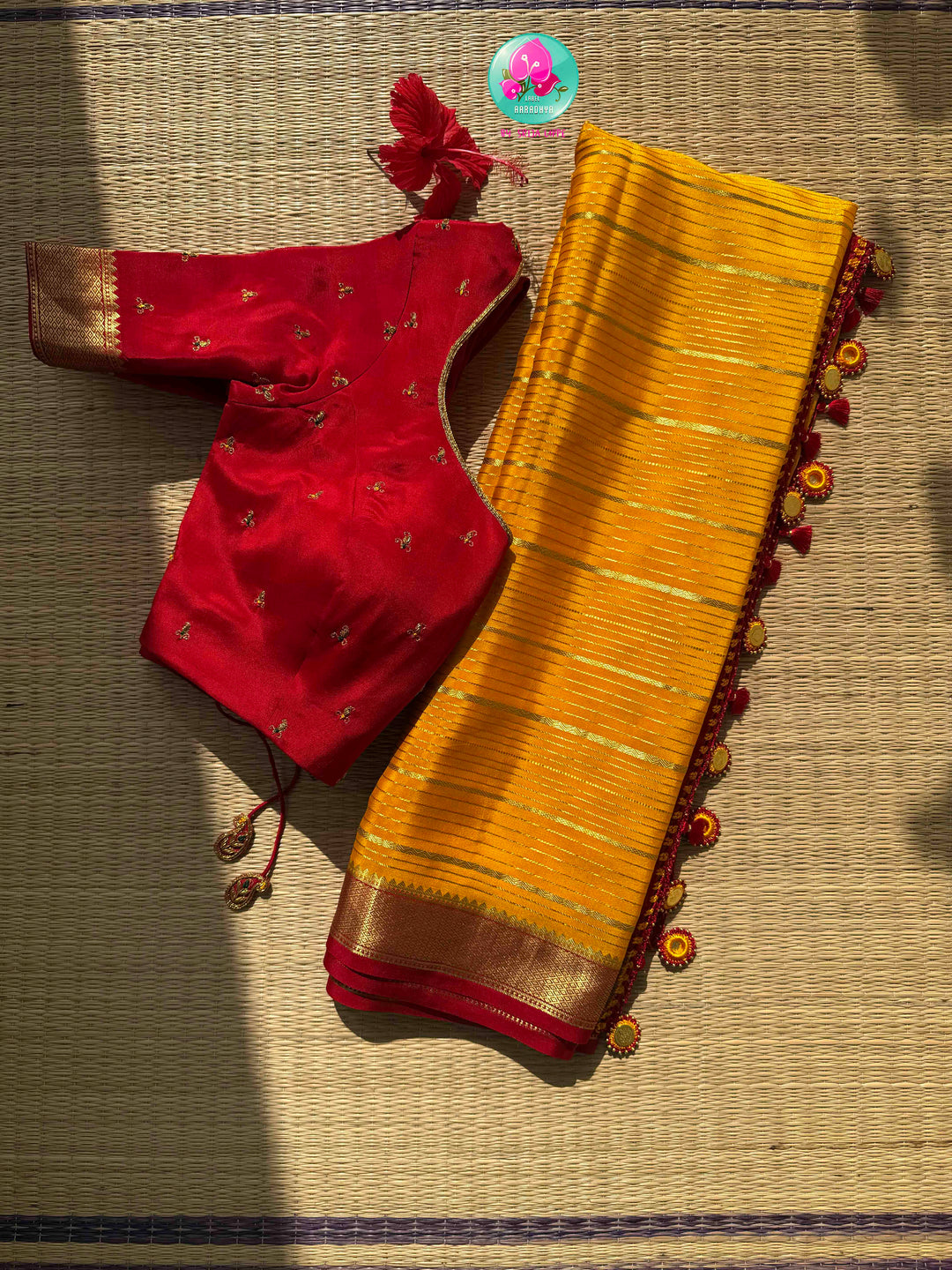 Golden Haldi & Crimson Splendor: Mustard Yellow 120gsm Pure Mysore Silk Zari-Line Saree