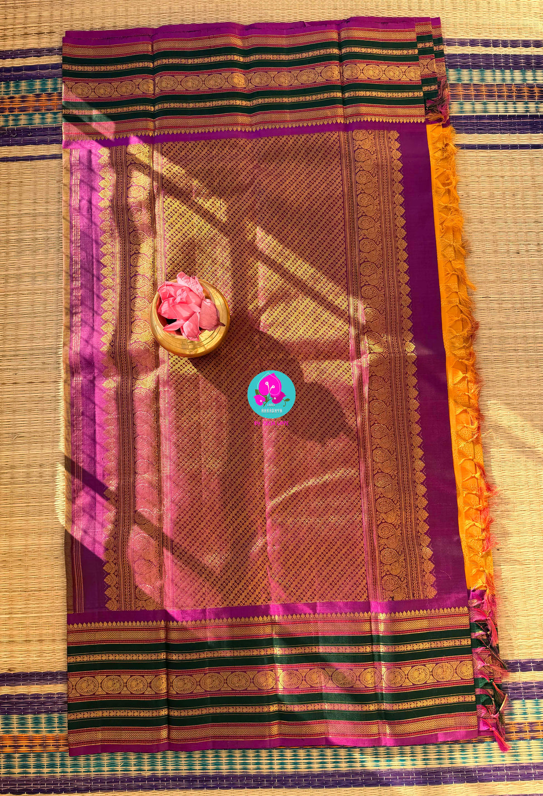 The 3G Zari Grandeur: Vintage Yellow Saree with Forest Green & Purple Edge with Hand embroidered blouse