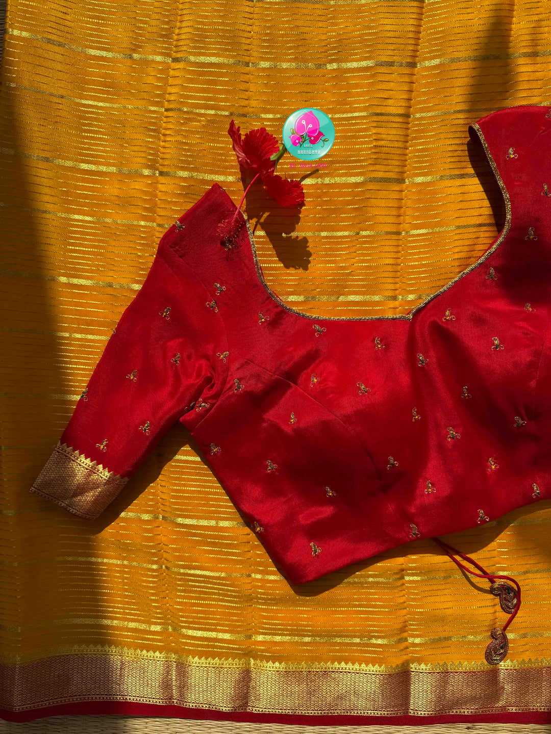 Golden Haldi & Crimson Splendor: Mustard Yellow 120gsm Pure Mysore Silk Zari-Line Saree