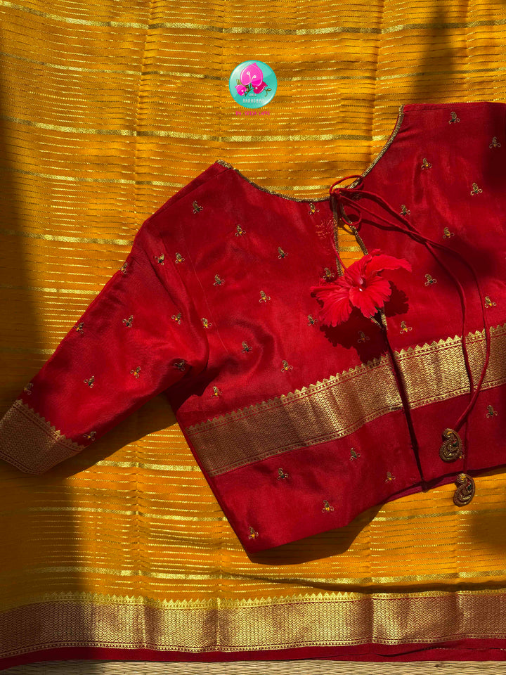 Golden Haldi & Crimson Splendor: Mustard Yellow 120gsm Pure Mysore Silk Zari-Line Saree