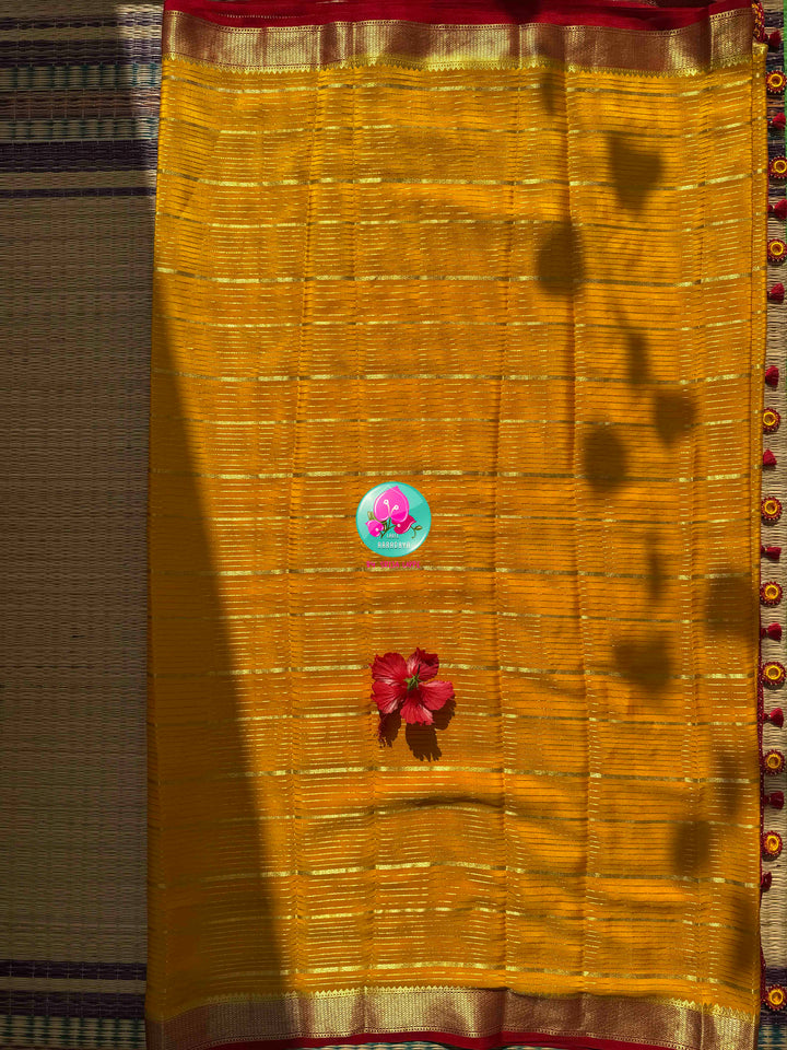Golden Haldi & Crimson Splendor: Mustard Yellow 120gsm Pure Mysore Silk Zari-Line Saree
