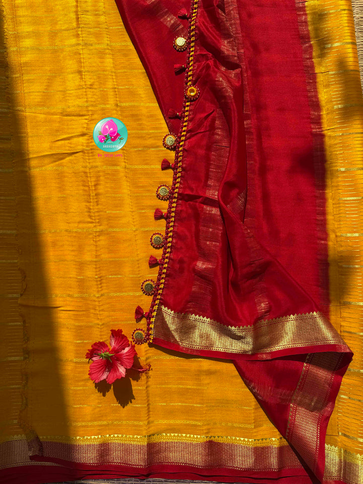 Golden Haldi & Crimson Splendor: Mustard Yellow 120gsm Pure Mysore Silk Zari-Line Saree