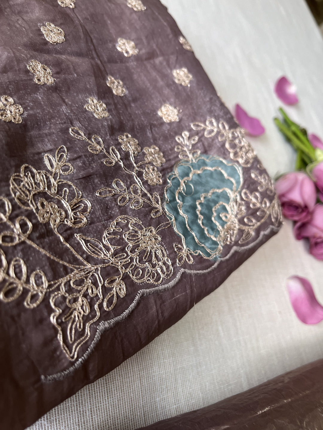 Soft crushed Organza with handmade pitta work saree