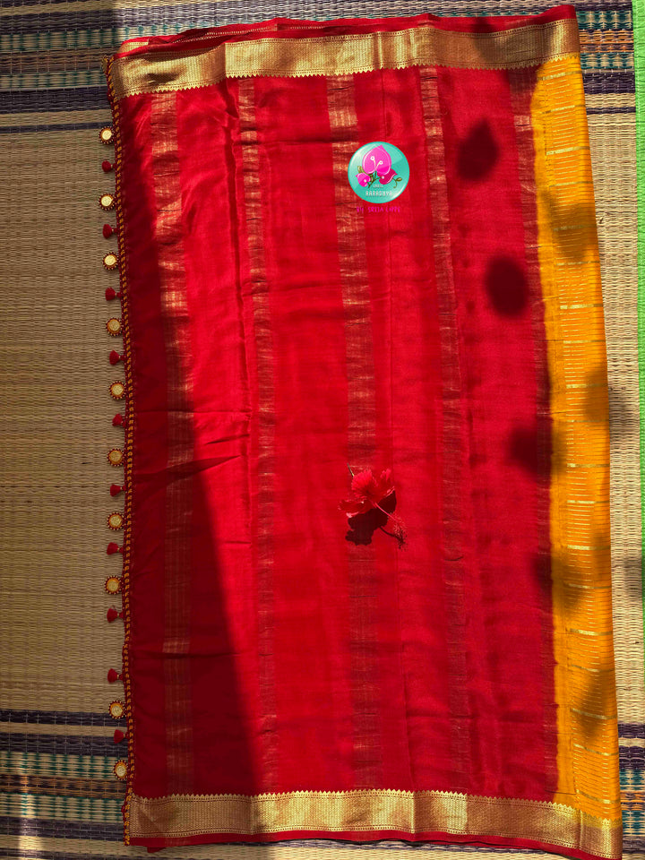 Golden Haldi & Crimson Splendor: Mustard Yellow 120gsm Pure Mysore Silk Zari-Line Saree