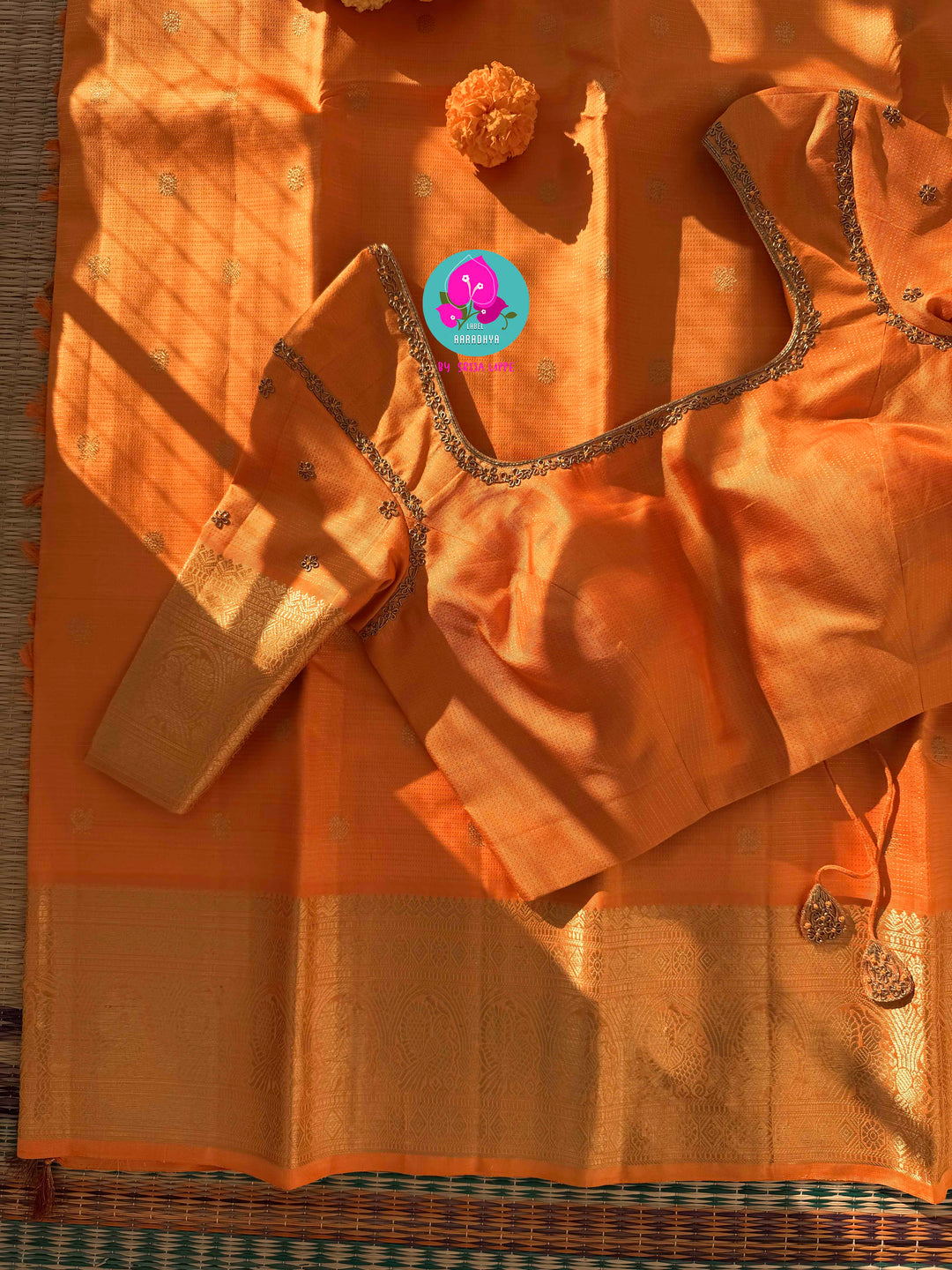 Pure Kanchipattu traditional Vaira oosi design Saree on beautiful lite orange color Paired with blouse