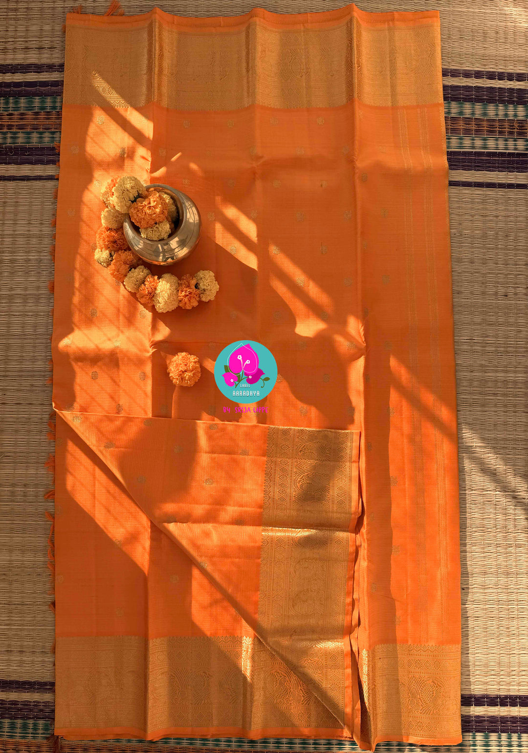 Pure Kanchipattu traditional Vaira oosi design Saree on beautiful lite orange color Paired with blouse