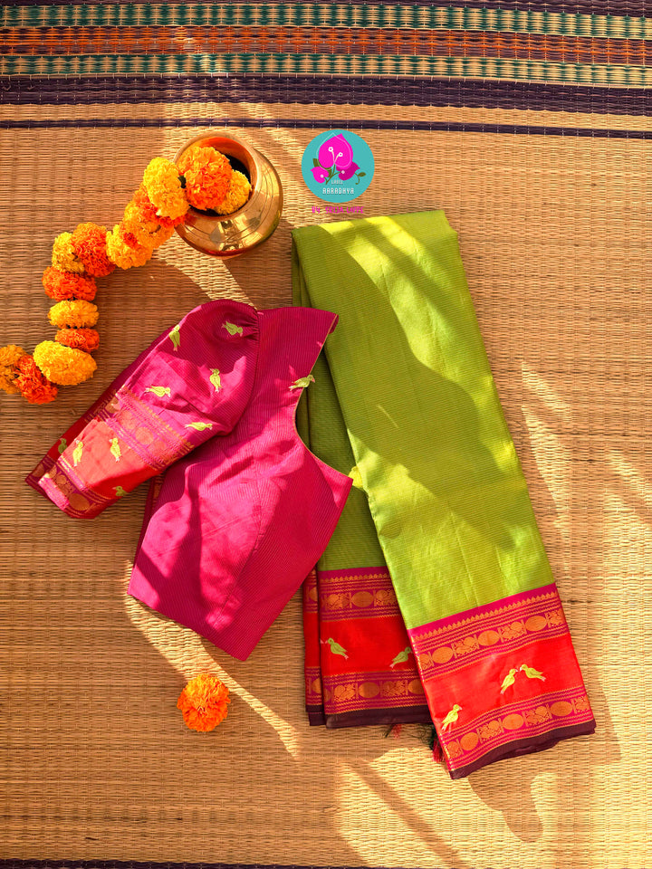 Vihanga Varnam – Vintage Green Kanchipattu with Bird Handwork