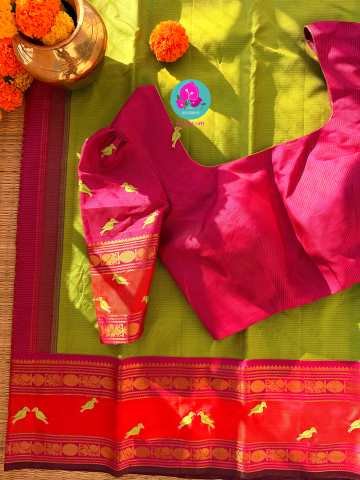 Vihanga Varnam – Vintage Green Kanchipattu with Bird Handwork