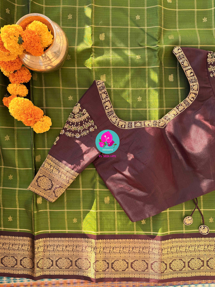 Nature inspired colors pattu saree in green and brown with hand embroidered blouse