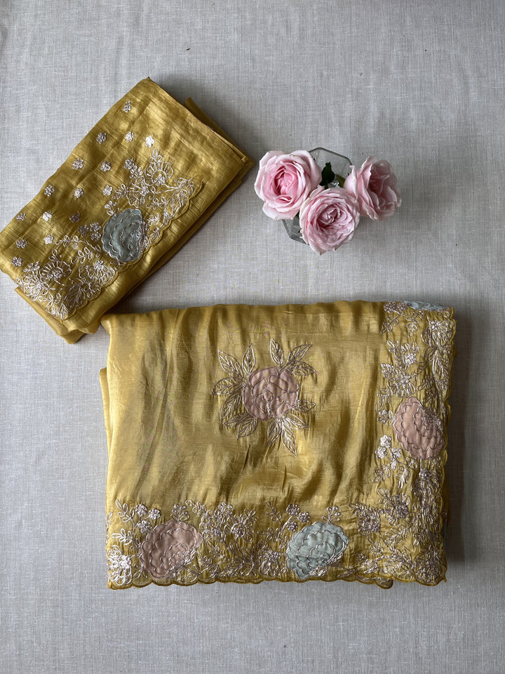 Yellow Soft crushed Organza with handmade pitta work saree