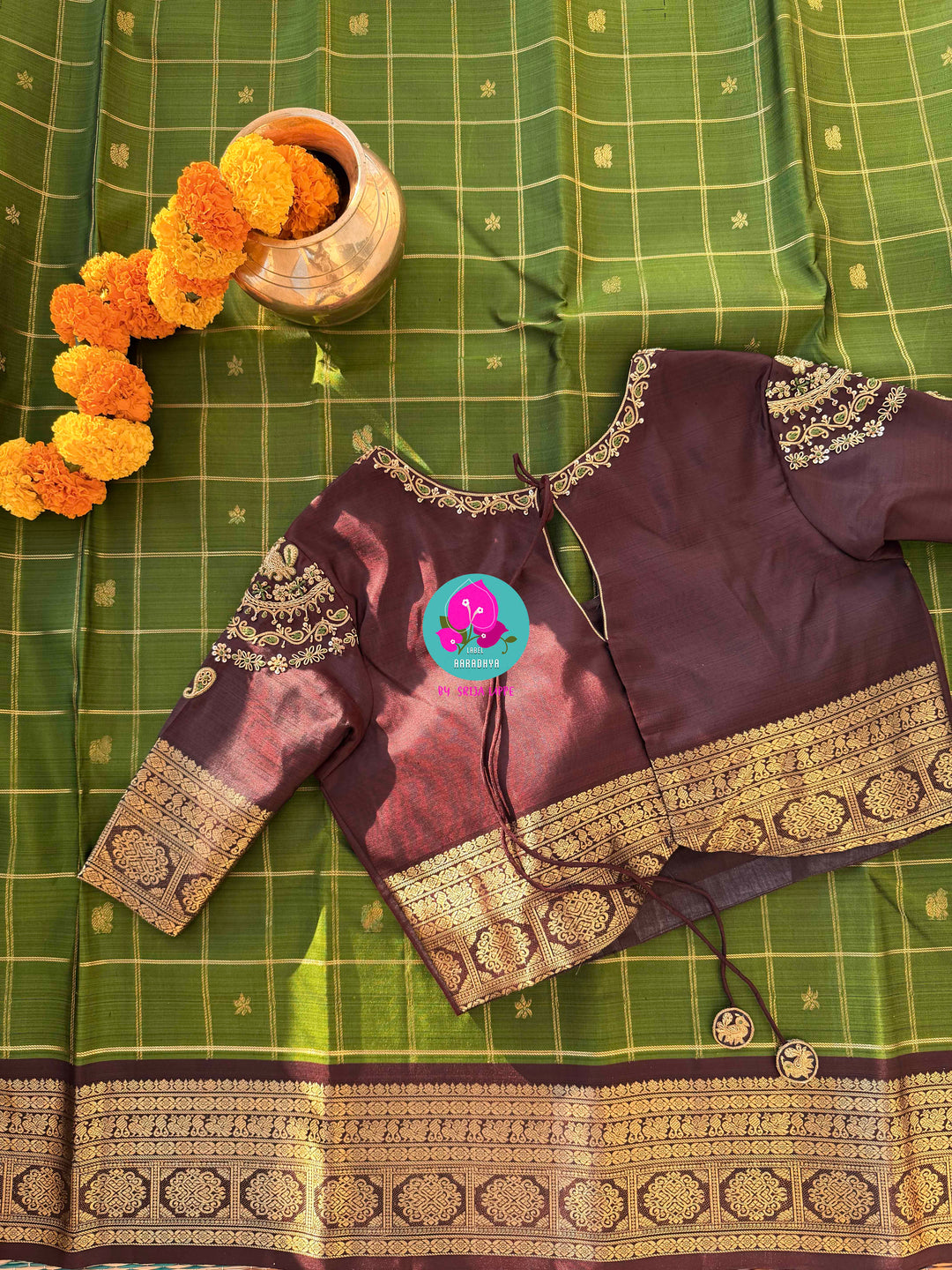 Nature inspired colors pattu saree in green and brown with hand embroidered blouse