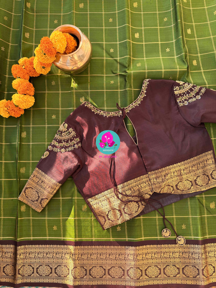 Nature inspired colors pattu saree in green and brown with hand embroidered blouse