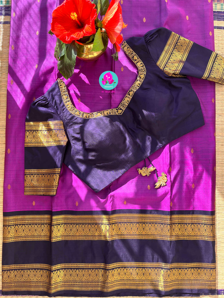 2G zari traditional navy blue gap border with luxurious magenta paired with hand embroidered blouse