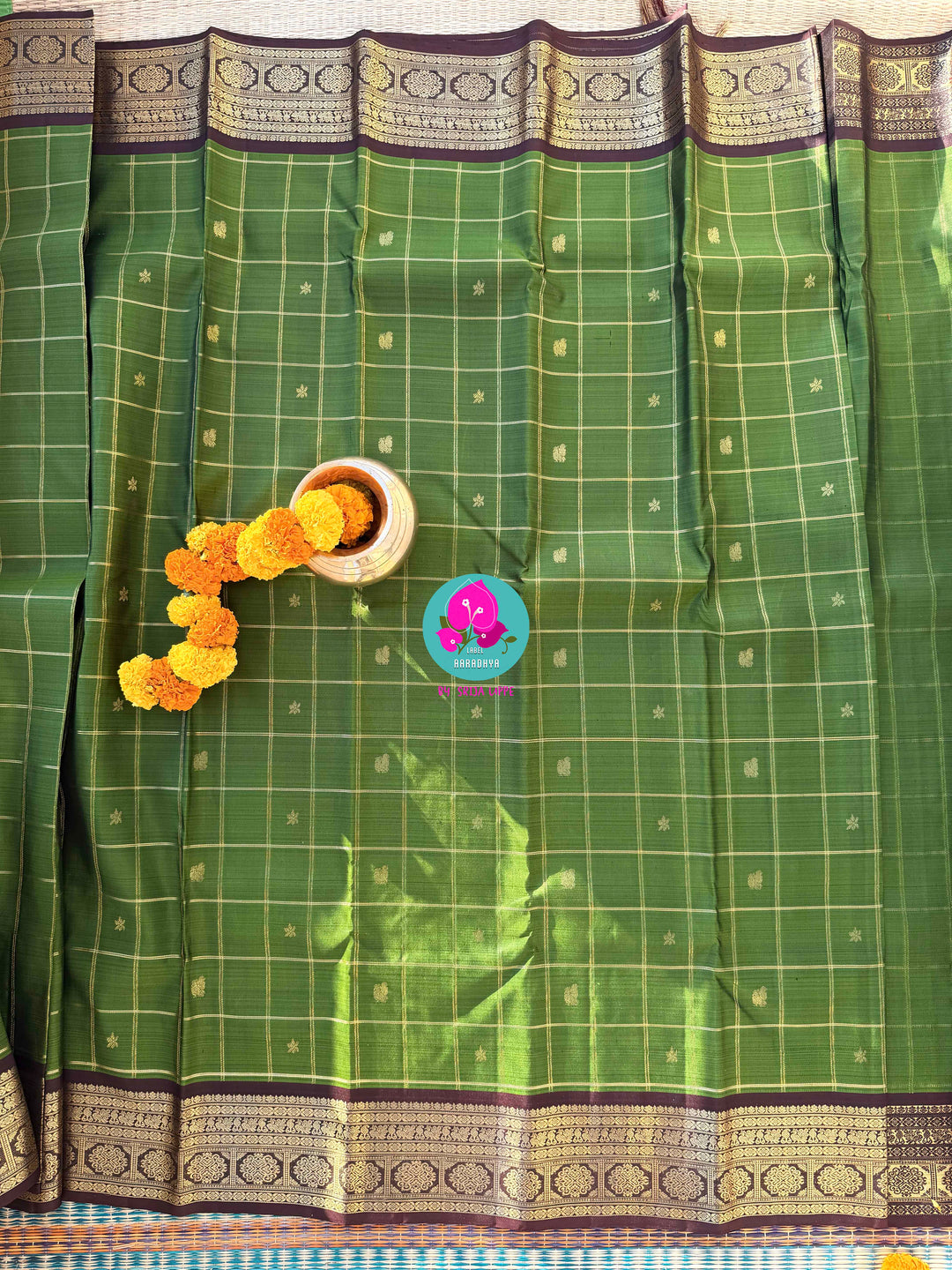 Nature inspired colors pattu saree in green and brown with hand embroidered blouse