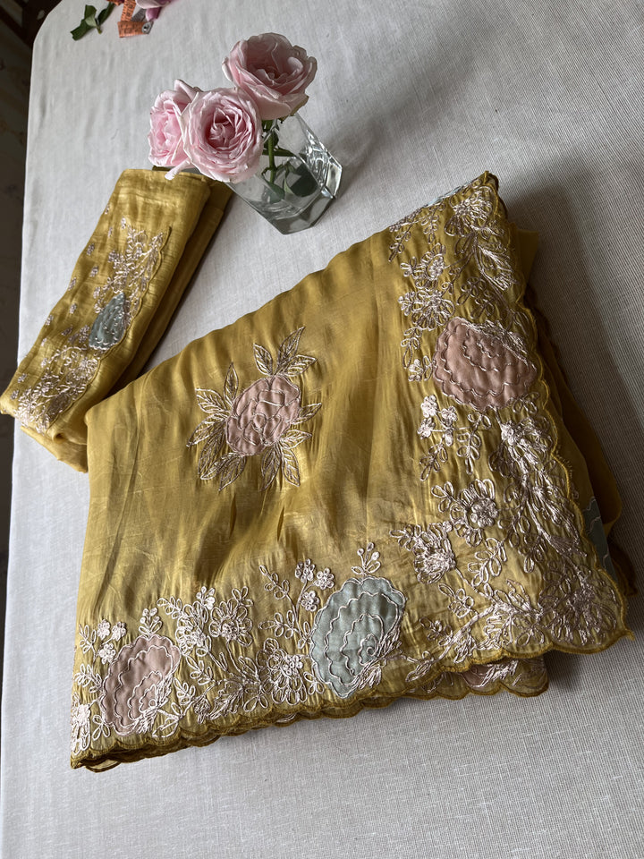Yellow Soft crushed Organza with handmade pitta work saree