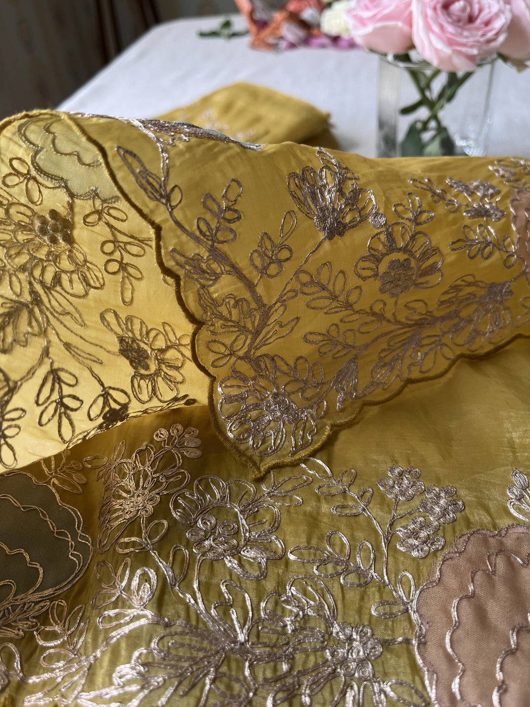 Yellow Soft crushed Organza with handmade pitta work saree