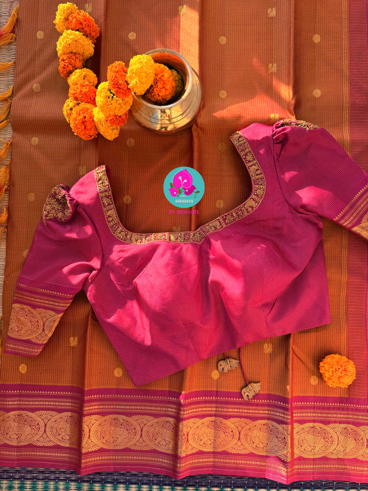 Fenugreek shade  Kanjivaram Vaira Oosi saree with Bold Pink Contrast and Embroidered Blouse