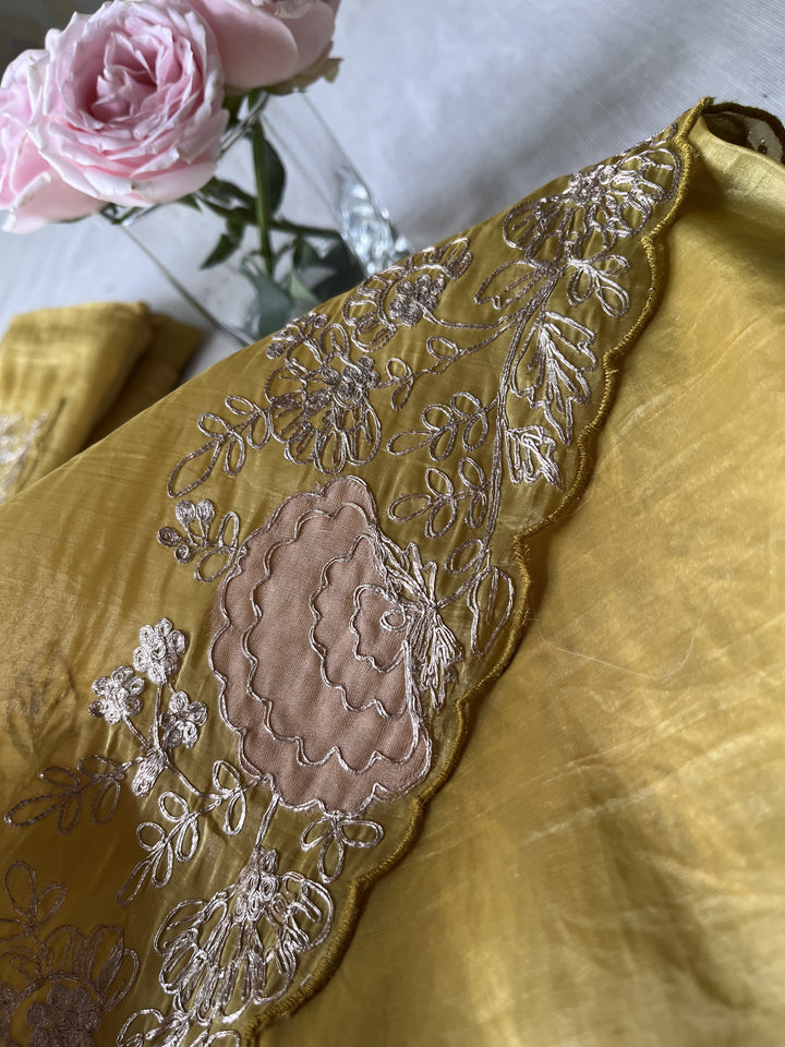 Yellow Soft crushed Organza with handmade pitta work saree