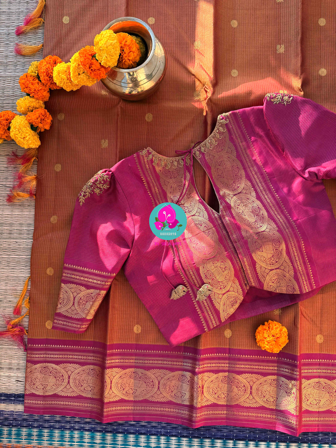 Fenugreek shade  Kanjivaram Vaira Oosi saree with Bold Pink Contrast and Embroidered Blouse