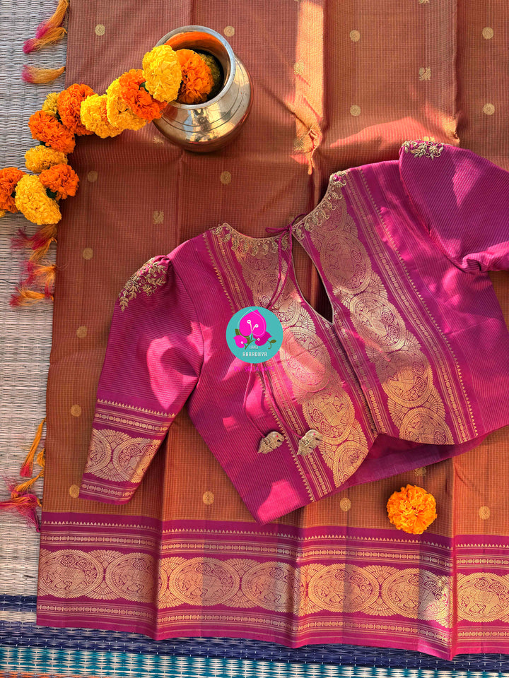 Fenugreek shade  Kanjivaram Vaira Oosi saree with Bold Pink Contrast and Embroidered Blouse