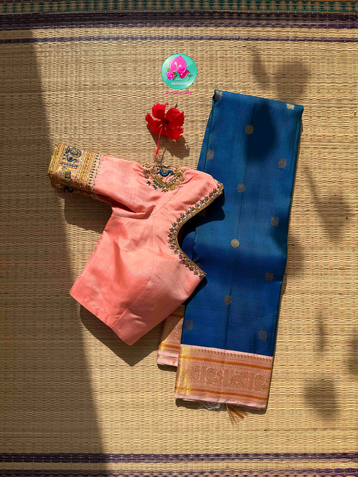 Imperial Sapphire & Petal Pink: Royal Blue Kanchipattu Silk Saree with Peacock Embroidery