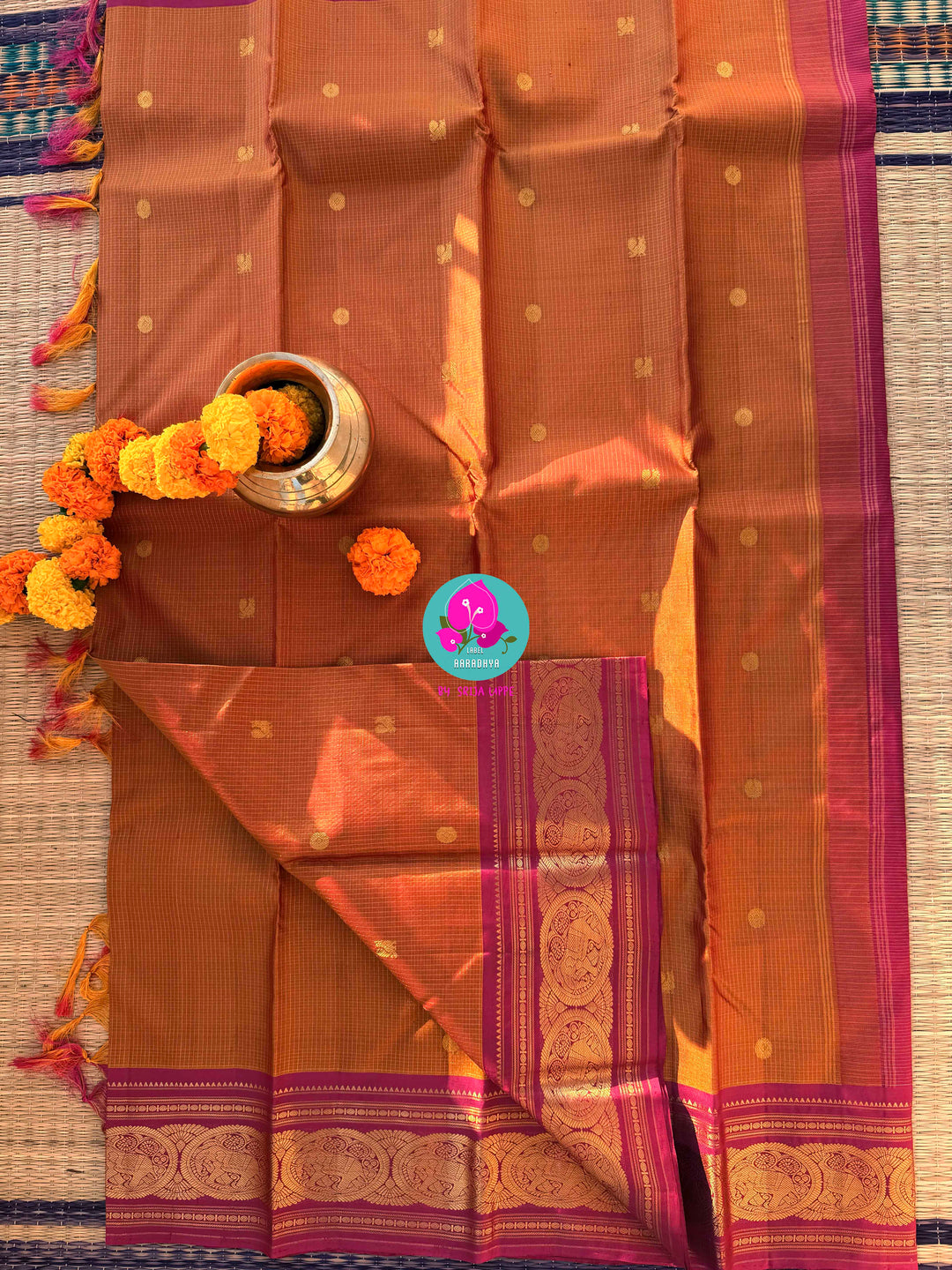 Fenugreek shade  Kanjivaram Vaira Oosi saree with Bold Pink Contrast and Embroidered Blouse