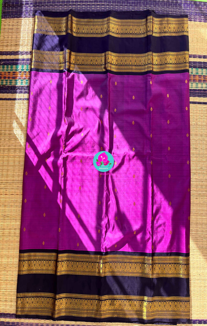 2G zari traditional navy blue gap border with luxurious magenta paired with hand embroidered blouse