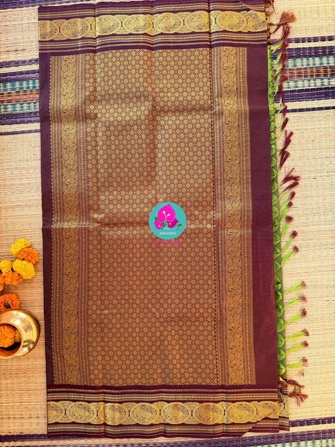 Mehendi green Kanjivaram Vaira Oosi with Bold brownish purple Contrast and Embroidered Blouse