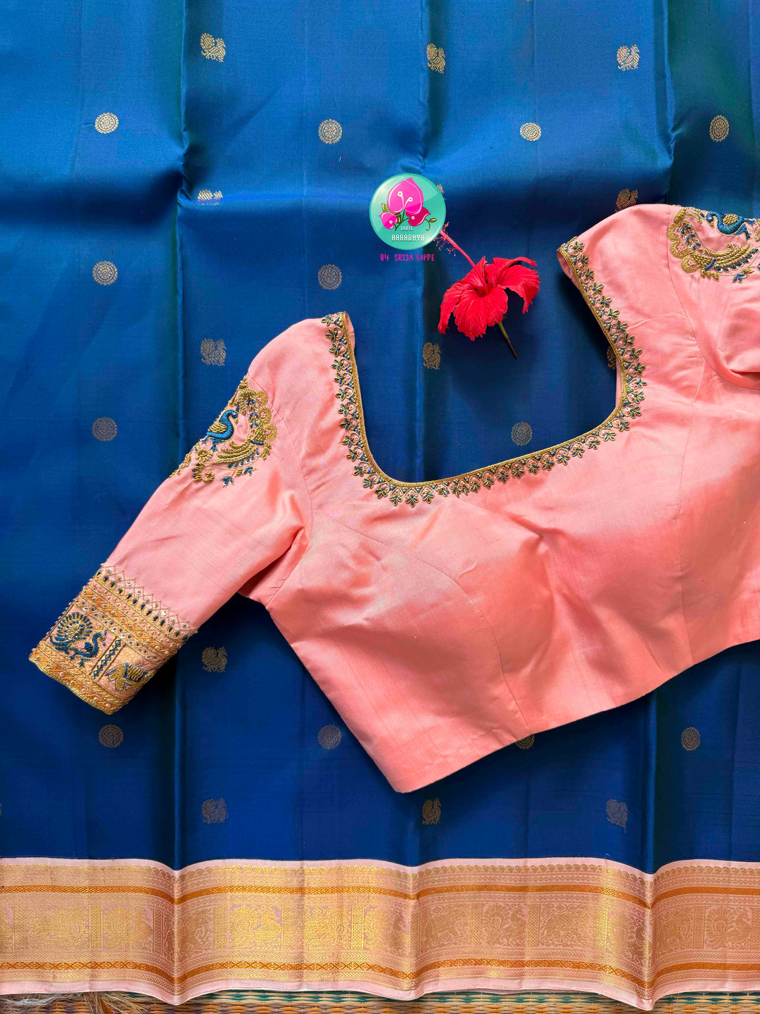 Imperial Sapphire & Petal Pink: Royal Blue Kanchipattu Silk Saree with Peacock Embroidery