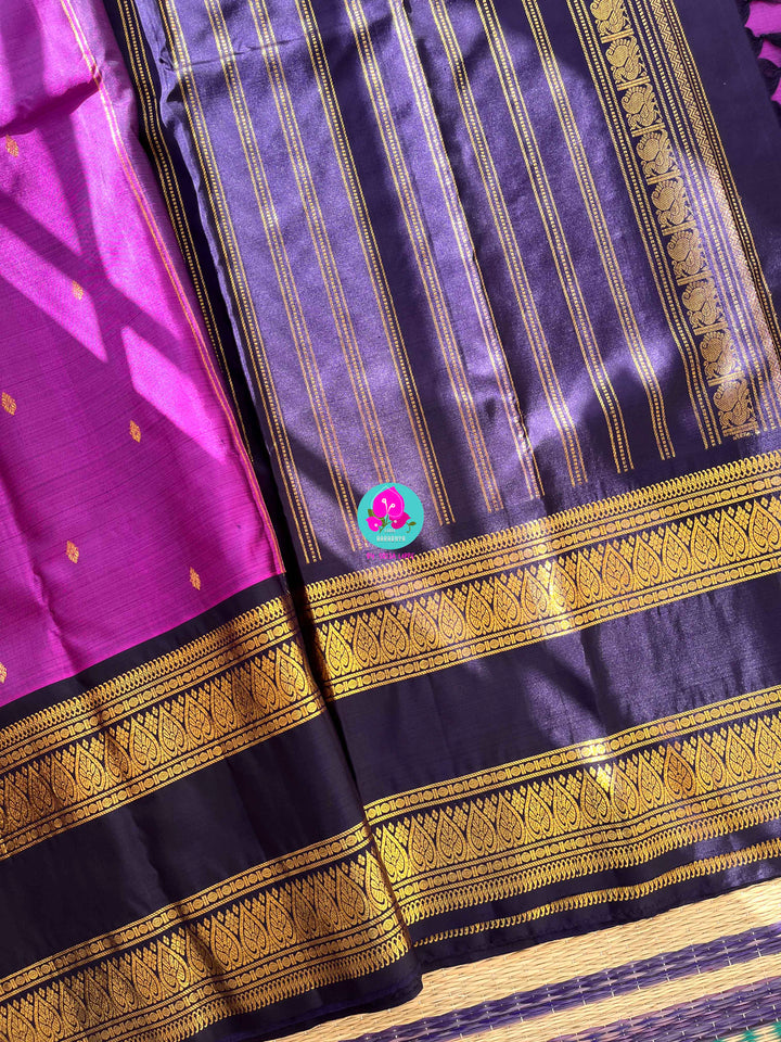 2G zari traditional navy blue gap border with luxurious magenta paired with hand embroidered blouse