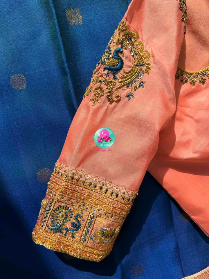 Imperial Sapphire & Petal Pink: Royal Blue Kanchipattu Silk Saree with Peacock Embroidery