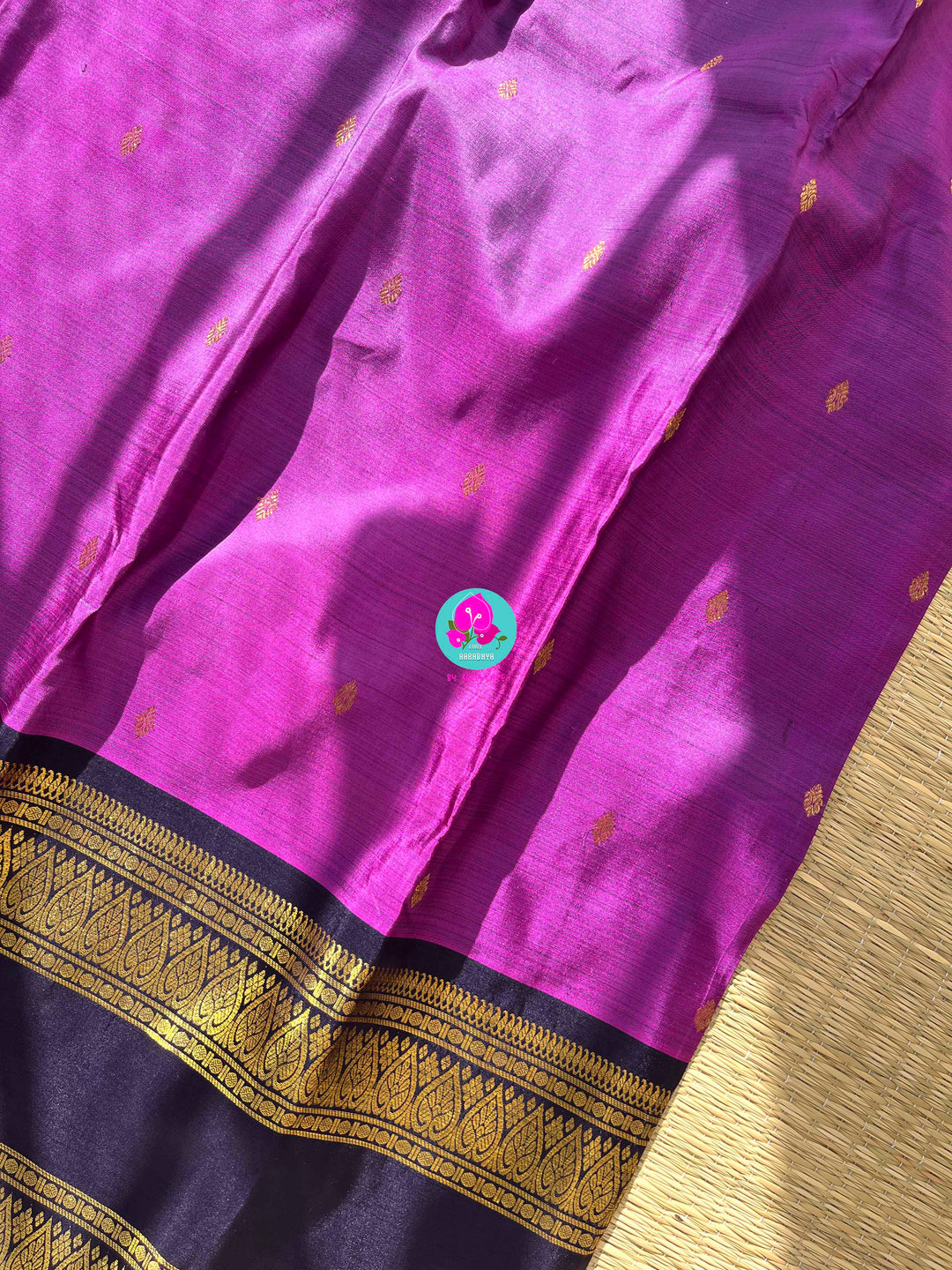 2G zari traditional navy blue gap border with luxurious magenta paired with hand embroidered blouse