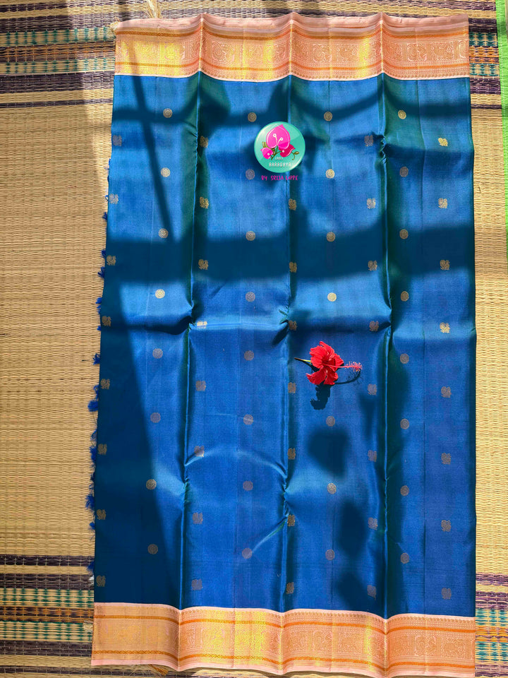 Imperial Sapphire & Petal Pink: Royal Blue Kanchipattu Silk Saree with Peacock Embroidery