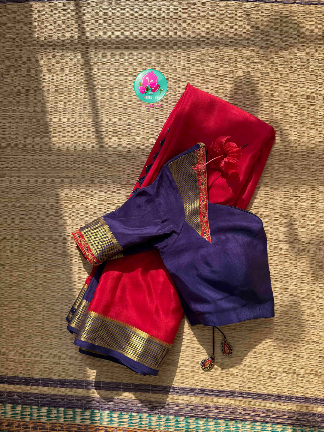 Auspicious Crimson & Midnight Navy: 120gsm Pure Mysore Silk Saree with Patterned Blouse