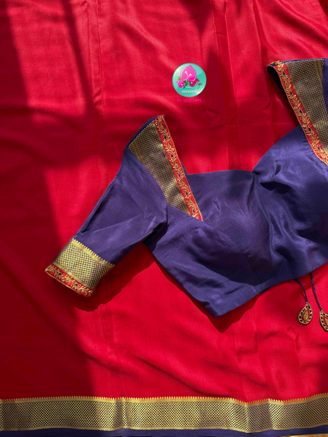 Auspicious Crimson & Midnight Navy: 120gsm Pure Mysore Silk Saree with Patterned Blouse