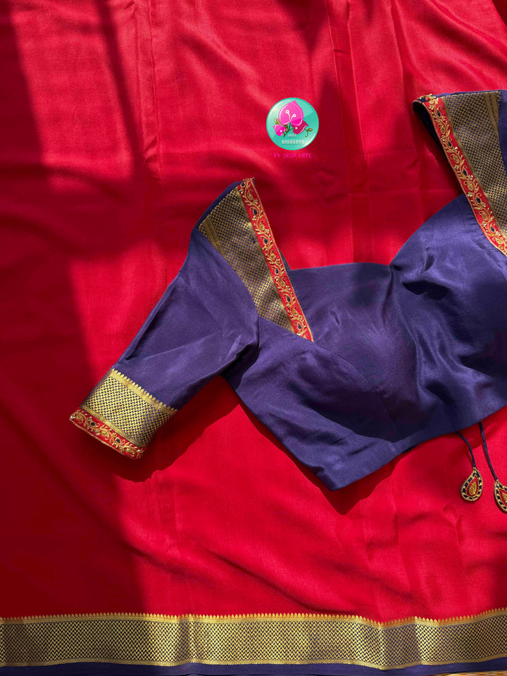 Auspicious Crimson & Midnight Navy: 120gsm Pure Mysore Silk Saree with Patterned Blouse
